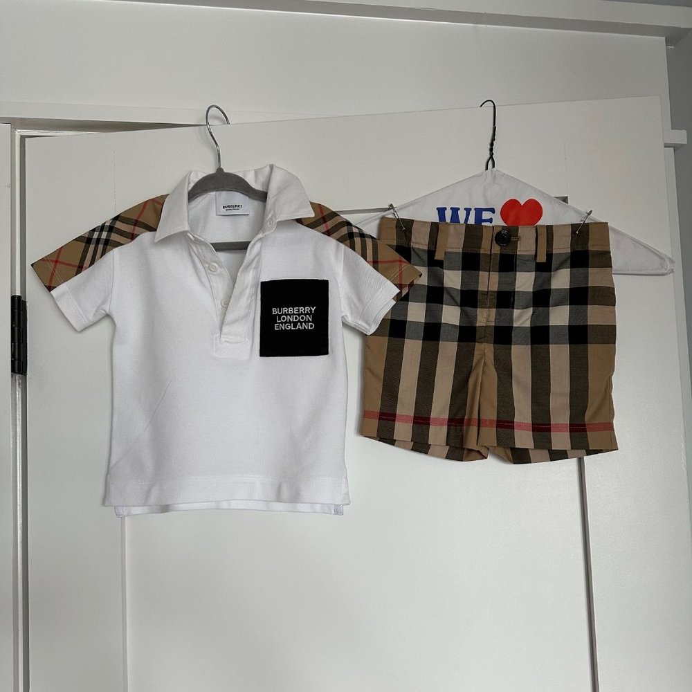 Burberry Kids Set with White Polo and Tan Check Shorts